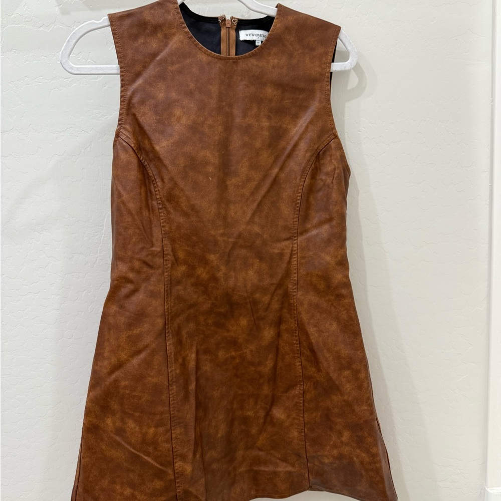 We Wore What - Brown Leather Sleeveless Dress